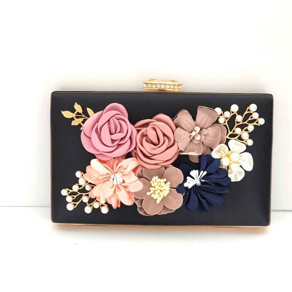 Women's Black Leather Satin Flowers Evening Clutch Bag - Picture 2 of 8
